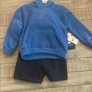 Champion Blue Hoodie and Black Shorts Set